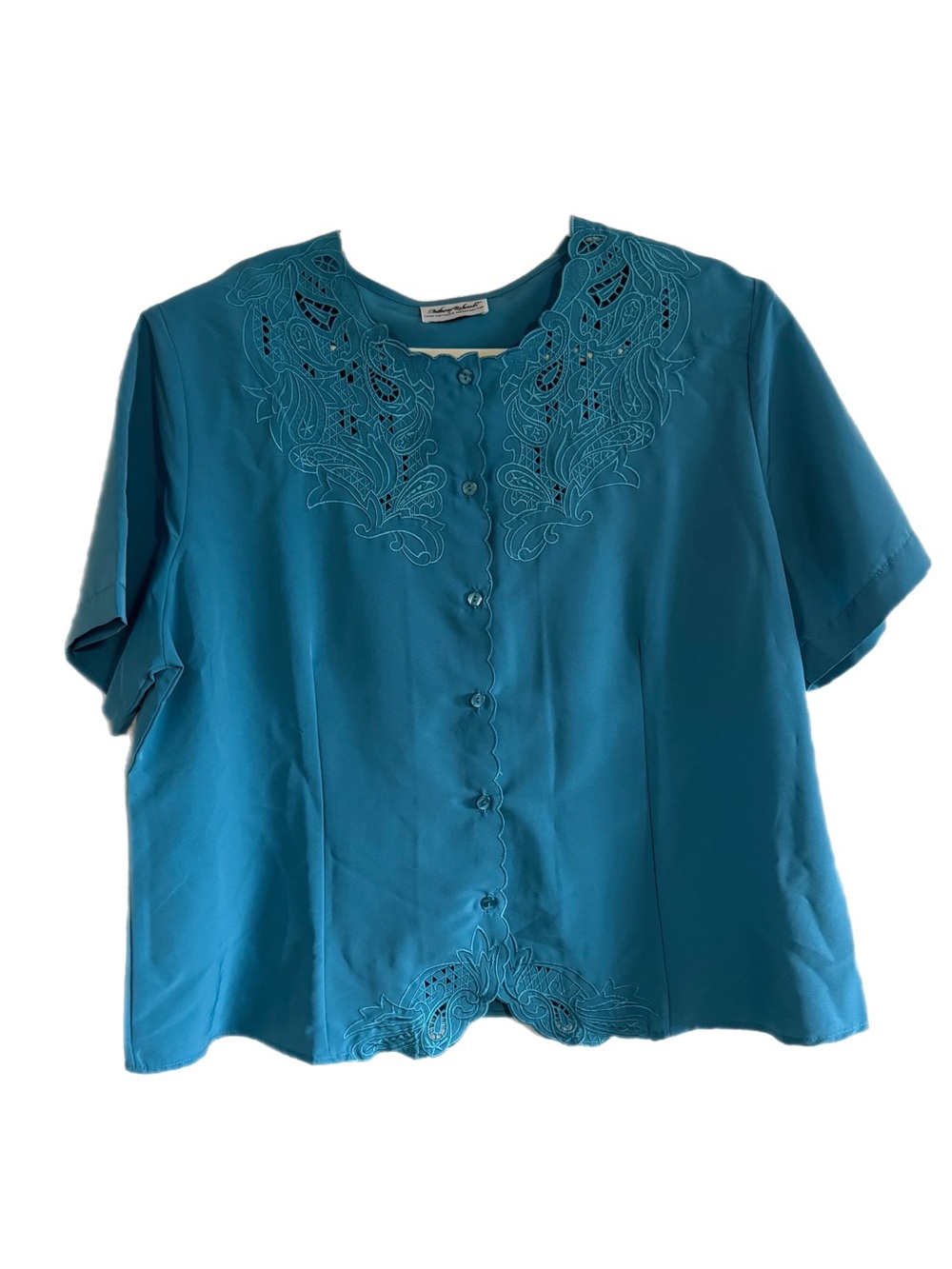 Anthony Richards Teal Blue Embroidered Cut-Out Button-Down Top Estimated Size 1X